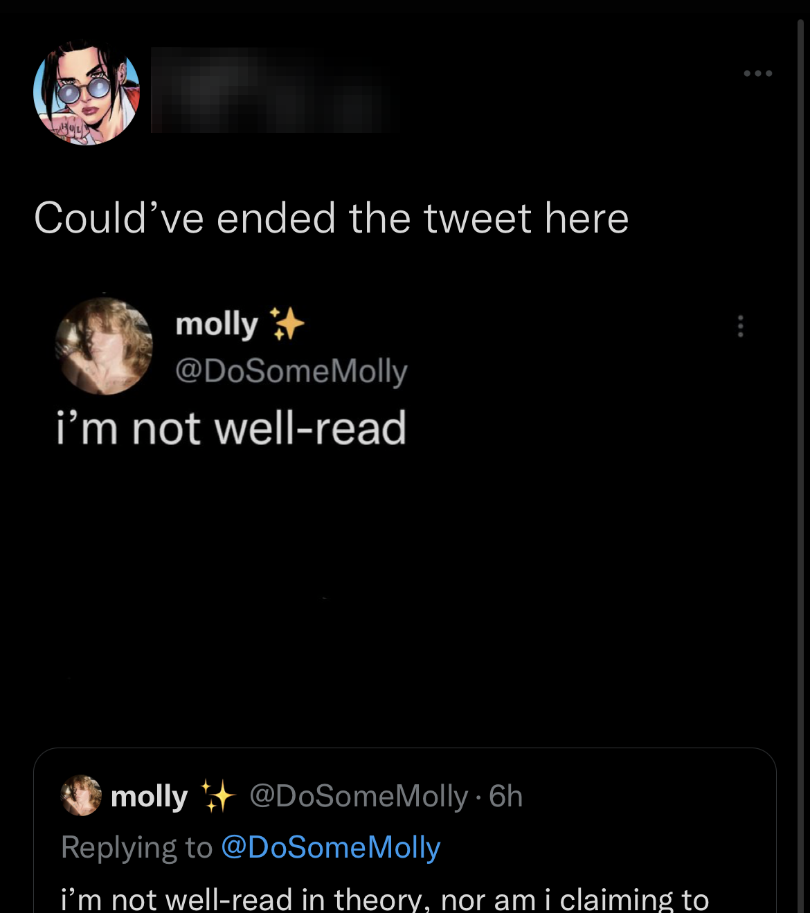 A quote tweet of my old twitter where the user is dunking on me by saying I'm not well read lol