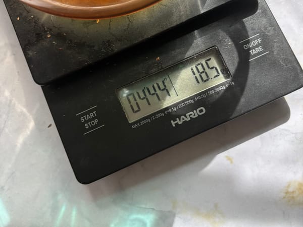A HARIO V60 scale, the timer reads 4:44